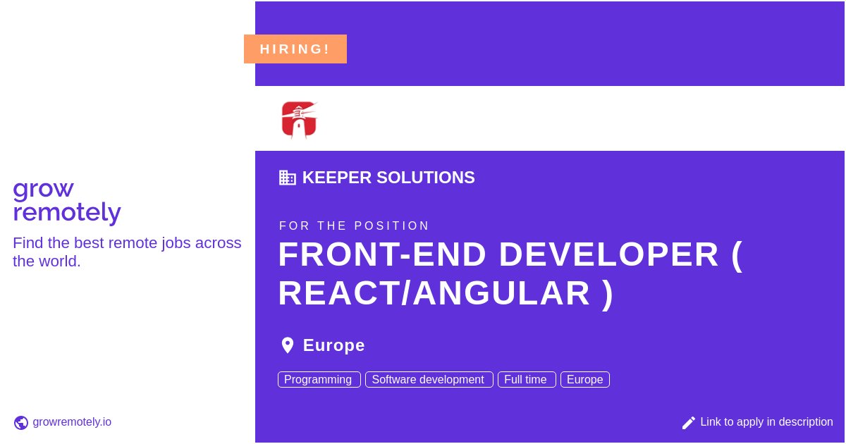 growremotelyio's tweet image. Check out this job at Keeper Solutions for the position Front-end Developer ( React/Angular ).

 Apply link: growremotely.io/?id=63cdd16edb…

#hiring #remotejobs #KeeperSolutions #Programming