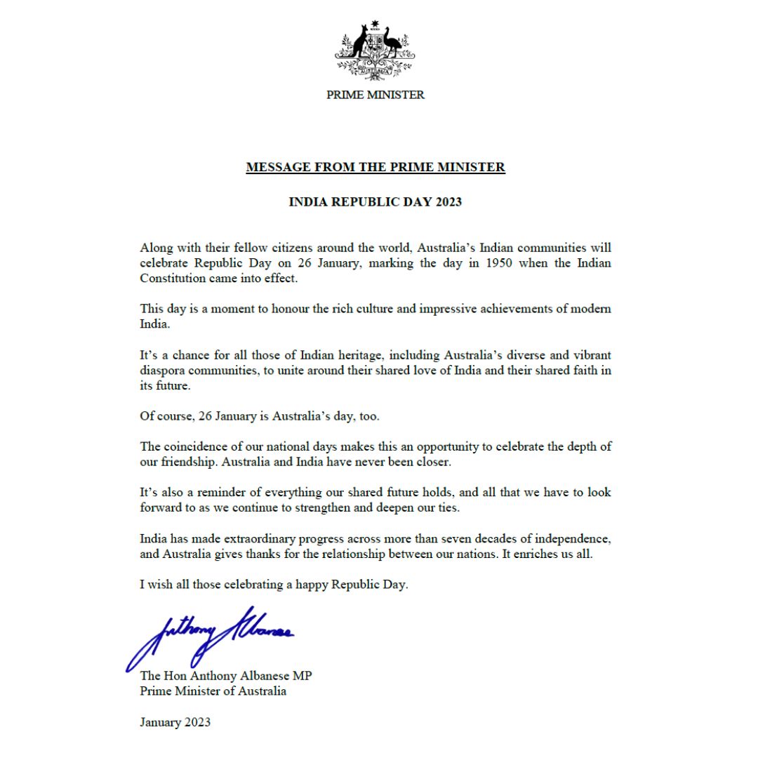 India in Australia (@hcicanberra) on Twitter photo Thanks 🙏 Hon. Prime Minister <a href="/AlboMP/">Anthony Albanese</a> for your kind wishes on India's #RepublicDay 2023.
#IndAusDosti🤝
<a href="/PMOIndia/">PMO India</a> <a href="/MEAIndia/">Randhir Jaiswal</a> <a href="/cgisydney/">India in Sydney</a> <a href="/cgimelbourne/">India in Melbourne</a> <a href="/CGIPerth/">India in Perth</a> Thanks 🙏 Hon. Prime Minister <a href="/AlboMP/">Anthony Albanese</a> for your kind wishes on India's #RepublicDay 2023.
#IndAusDosti🤝
<a href="/PMOIndia/">PMO India</a> <a href="/MEAIndia/">Randhir Jaiswal</a> <a href="/cgisydney/">India in Sydney</a> <a href="/cgimelbourne/">India in Melbourne</a> <a href="/CGIPerth/">India in Perth</a>