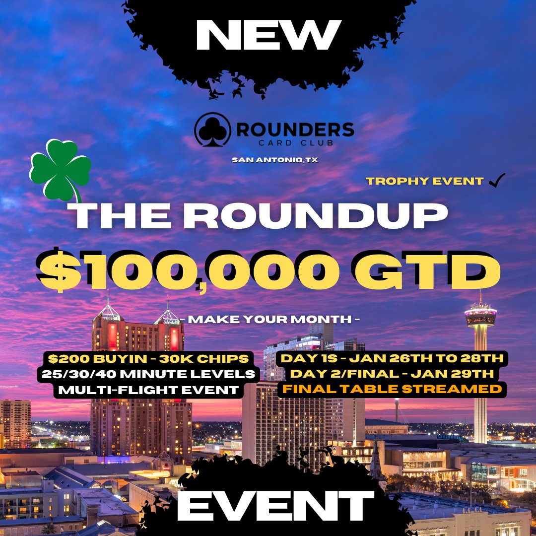 Day 1 flights for the $200 buyin $100,000 GTD RoundUp begin in 2 days!!!

🚀Thurs flights at 12pm & 6pm
🚀Fri at 12pm & 6pm
🚀Sat at 12pm, 5pm, & 9pm (turbo)

🏆 Day 2 (final) is Sunday the 29th @ 12pm  

More info & tourney structure: http://bit.ly/3D8USmB 