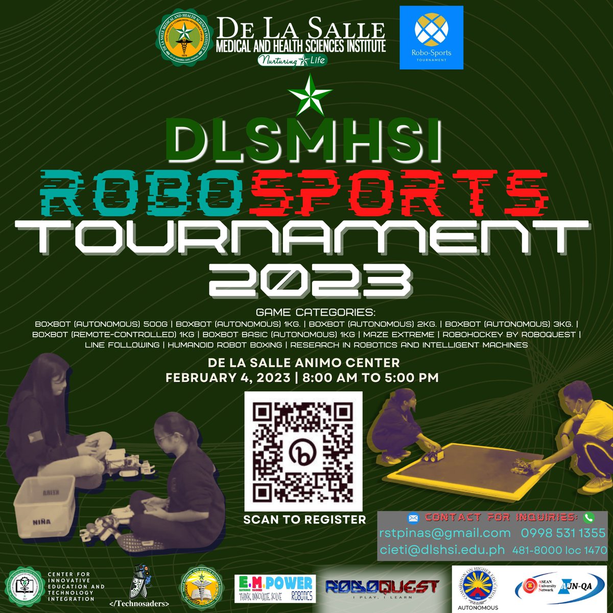 DLSMHSIOfficial's tweet photo. 🦾🤖THIS IS TAKING INNOVATION TO THE NEXT LEVEL! 🤖🦾

We invite you to experience the DLSMHSI RoboSports Tournament 2023 at De La Salle Animo Center on February 4, 2023. 

REGISTER HERE: https://t.co/9TFDsxngmj https://t.co/4gz6OHNZZ6