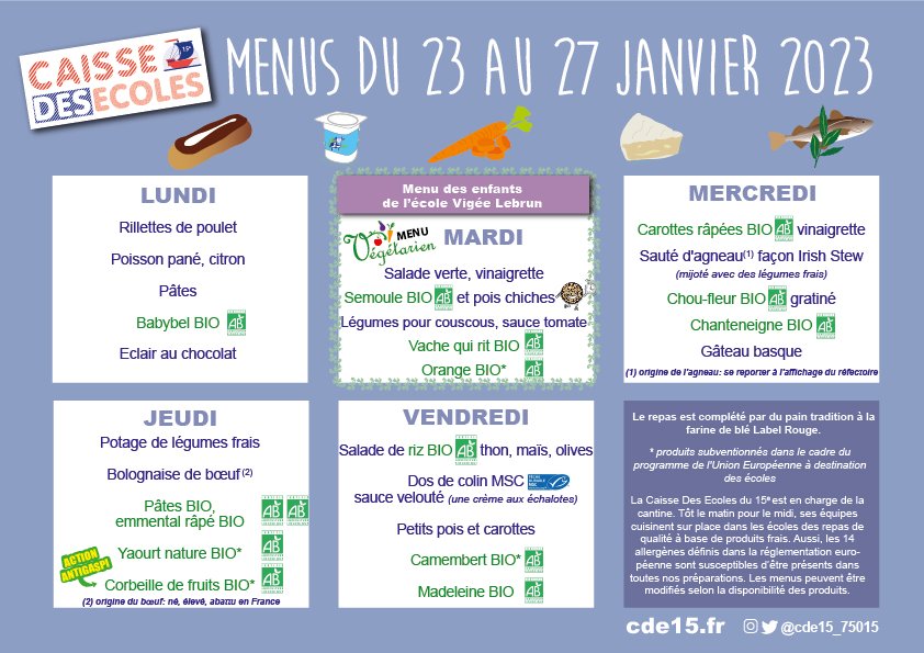 cde15_75015's tweet photo. Les menus du 23 au 27 janvier 2023. #cde15 #paris15 #cantine #restaurationscolaire ( menus des collèges et allergènes téléchargeables sur https://t.co/oPDZxtzSOi) https://t.co/o01md8jnUJ