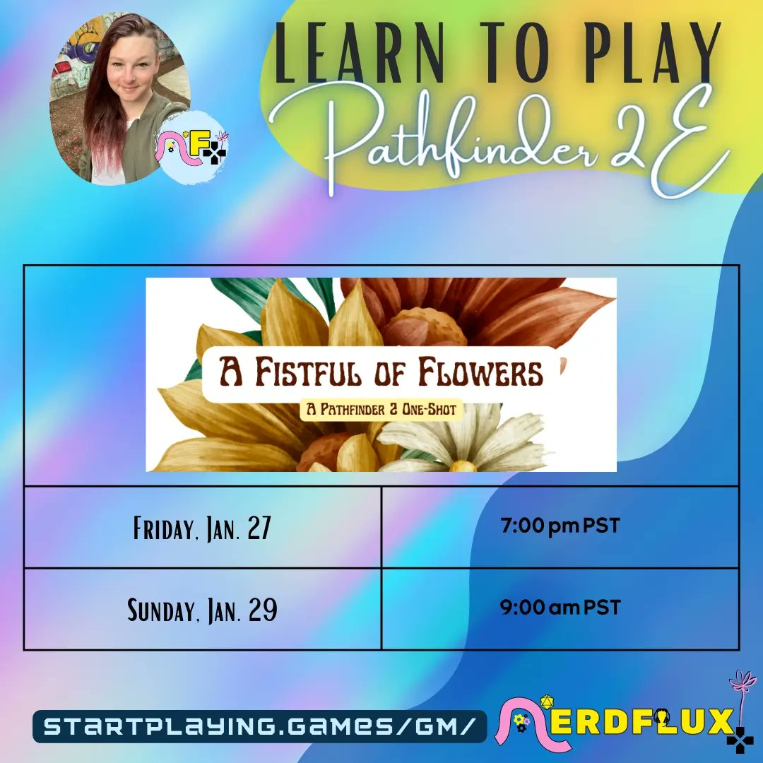 Come and #learntoplay #Pathfinder2e with me on StartPlaying.Games/gm/nerdflux!

I'd love to introduce you to this wonderful #ttrpg or, if you know how to play already, facilitate a #professional experience for you :)

#professionalgm #gamemaster #dnd #pf2e #tabletop #rpg