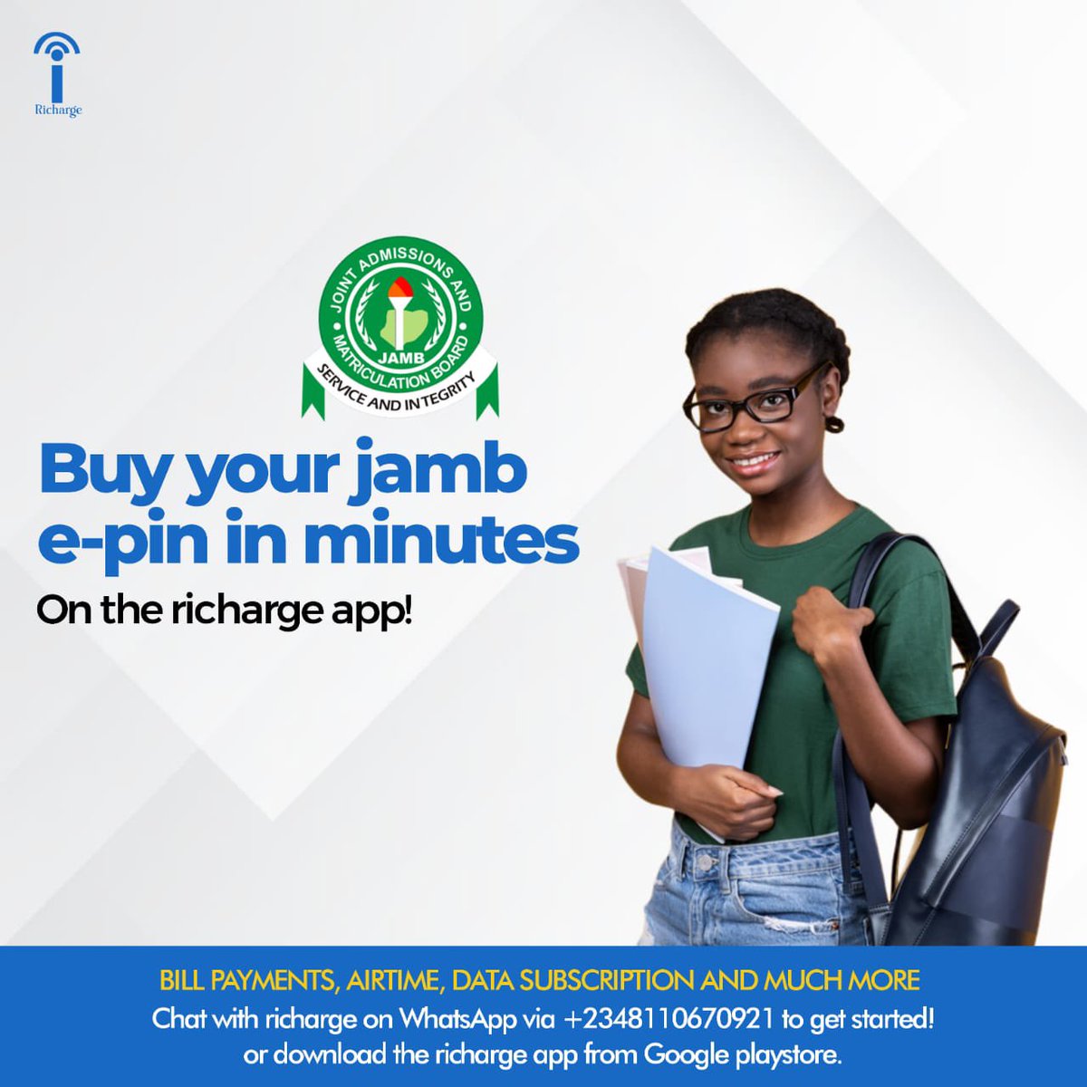 richargehelp's tweet photo. Heyyyooo students
Its time to get that exam.
Get your jamb e-pins from us today!!!
Cheap and instant
Download Richarge on Google Playstore!!! #students #google #jamb https://t.co/GJDAxhUdPX