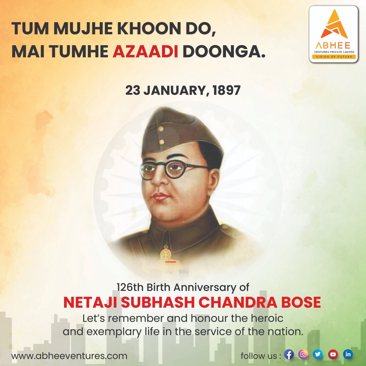 AbheeVentures's tweet photo. on the occasion of Subhash Chandra Bose Jayanti, greetings to all.
The 126th anniversary of Netaji Subhas Chandra Bose's birth is today.
https://t.co/Kikt9fiZK7
#AbheeVentures #SubhashChandraBoseJayanti #SubhashChandraBose #ShareLikeComment https://t.co/MfTsR3XIYR