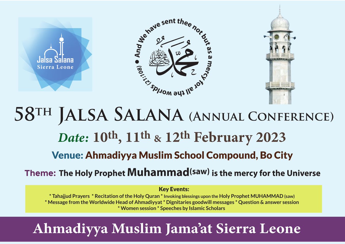 #JalsaSalana #Bo #SierraLeone 
10th, 11th & 12th Feb 2023

#jalsa #JalsaSalana #MTA #JalsaConnect #Ahmadiyya #ahmadiyyat #Khilafat #SaloneTwitter