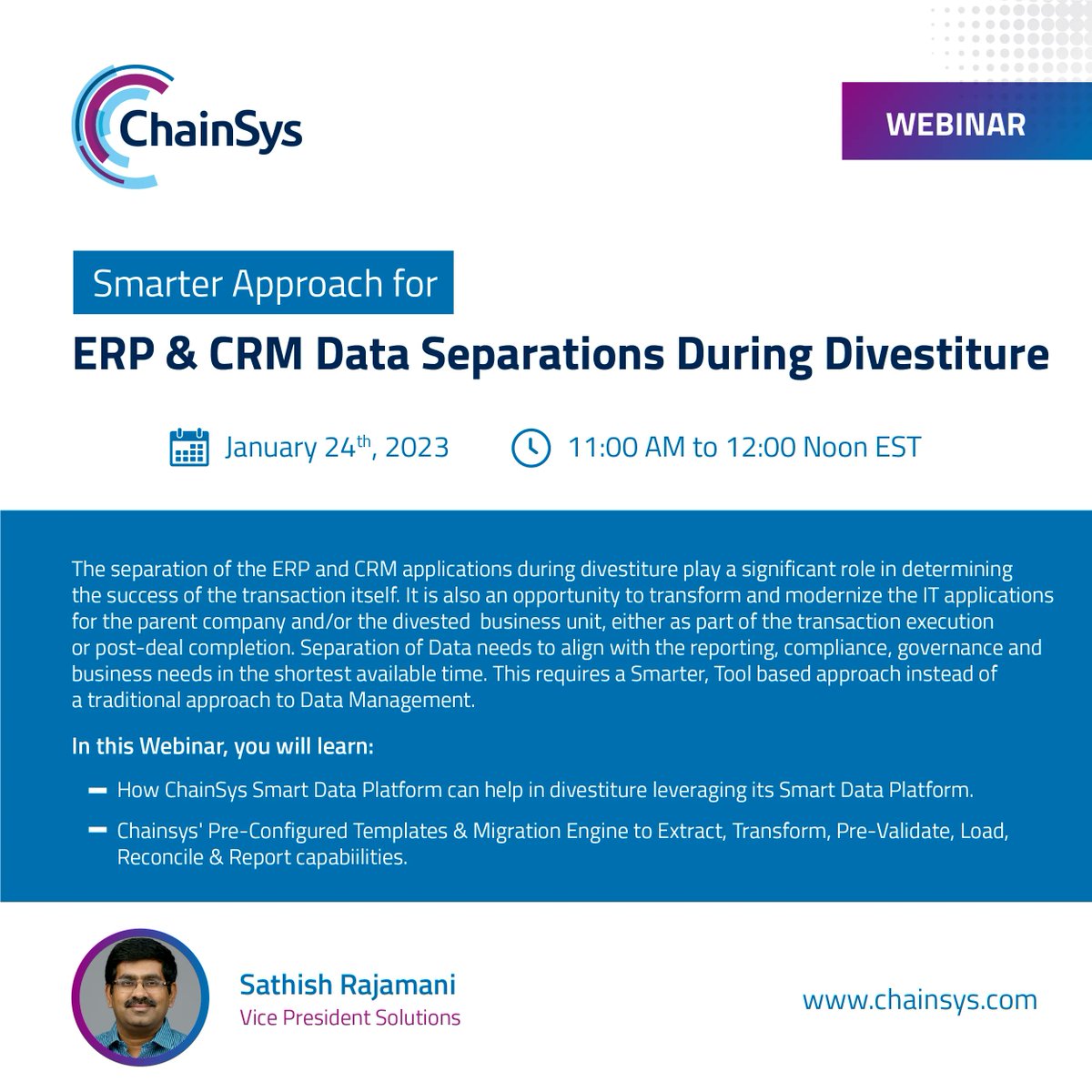 chainsys's tweet image. Join us for some straight talk from Sathish Rajamani VP of  Solutions, Chain-Sys Corporation on &quot;how to simplify the tangled complexity of separating data of ERP and CRM applications during a Divestiture&quot;.

Register Here: buff.ly/3XFc7DR 

#CRMapplications #ERPapplication
