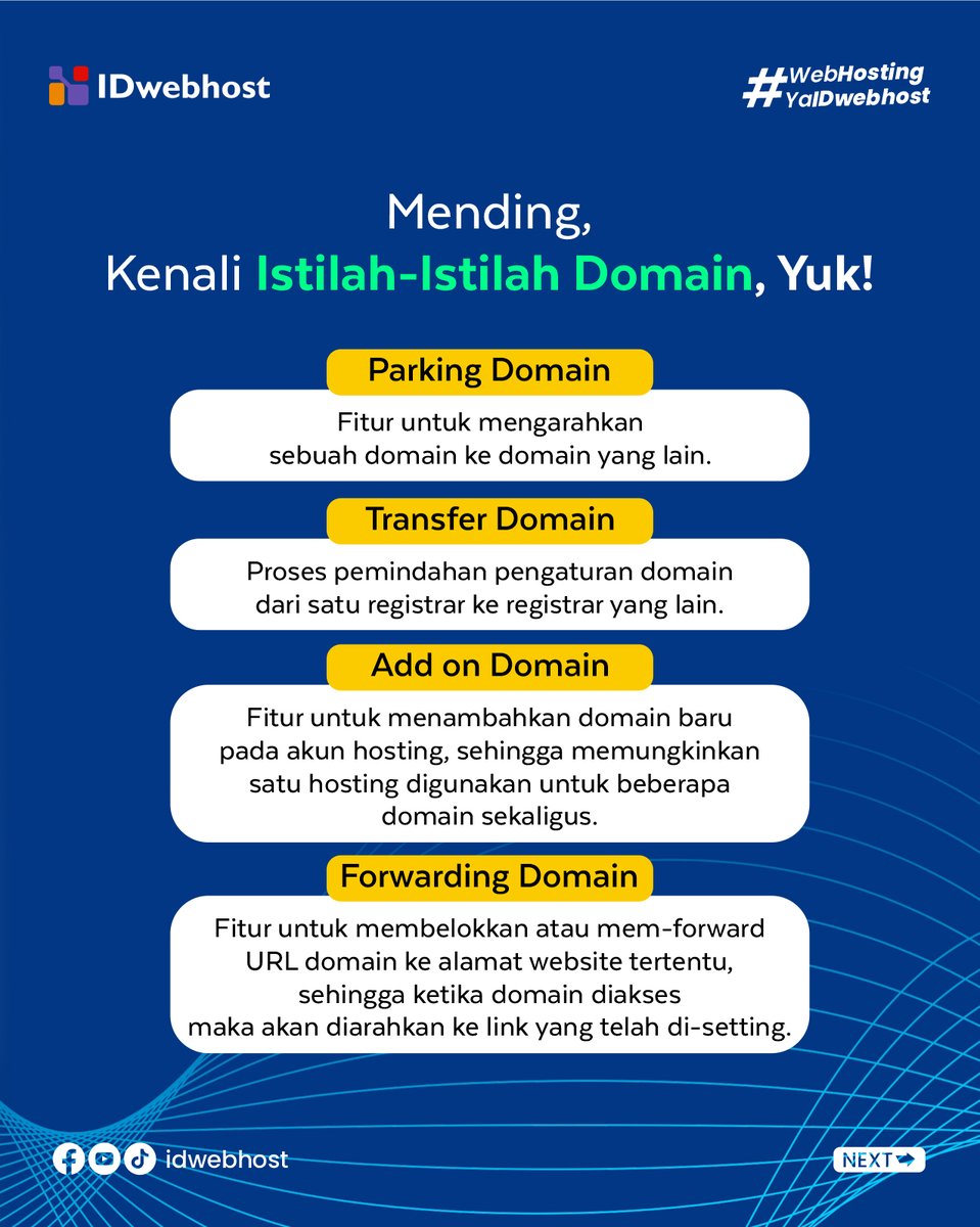 idwebhost's tweet image. Yang beberapa waktu lalu rame, soal parkir di Indomaret nih 😁

Dalam Domain Hosting juga ada lho, istilahnya &quot;Parking Domain&quot; 🤔

Pengen tahu lebih lanjut soal istilah domain hosting lainnya, cek slide selanjutnya 

#WebHostingYaIDwebhost #domain #domainhosting #parkingdomain