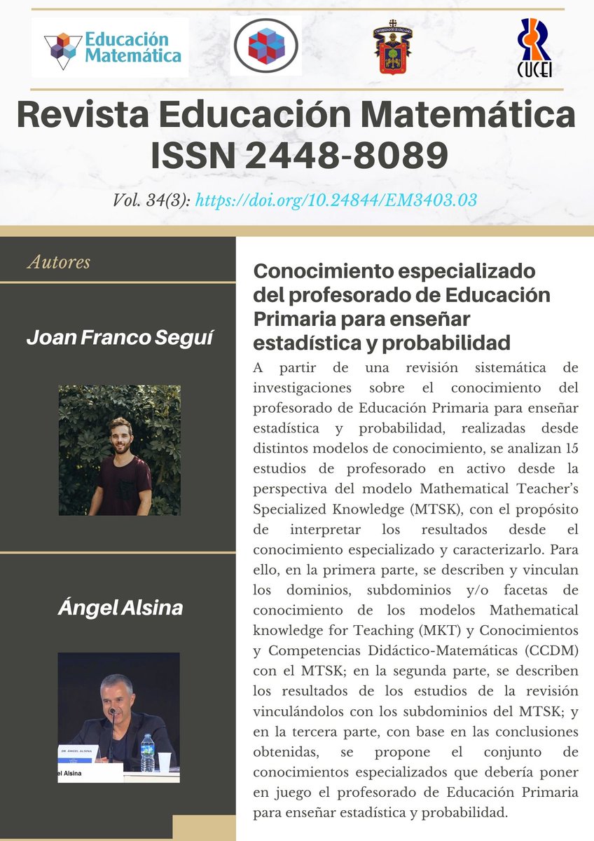 Queridos lectores, les invitamos a la lectura del artículo:

Conocimiento especializado del profesorado de Educación Primaria para enseñar estadística y probabilidad

Escrito por Joan Franco Seguí y  Ángel Alsina.

Aquí el link de consulta: doi.org/10.24844/EM340…