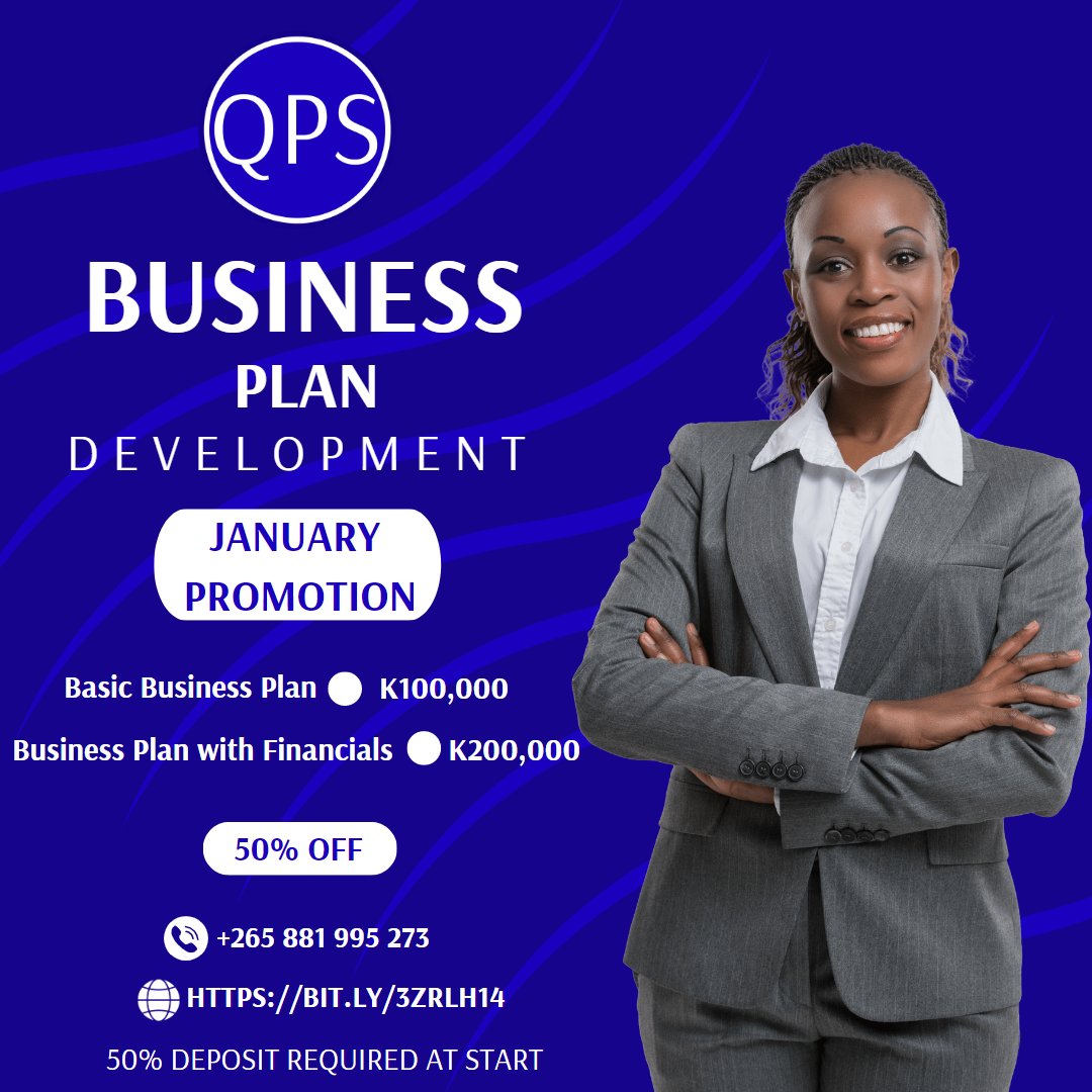 qps_solutions's tweet photo. Take advantage of our January promotion and get 50% off on business plan development services at QPS Solutions. Visit our website https://t.co/ghK3ePXh6D or call/WhatsApp us on 0881995273. #QPSSolutions #Malawi #BusinessPlanDevelopment #JanuaryPromotion. https://t.co/G0PWeWmLAd