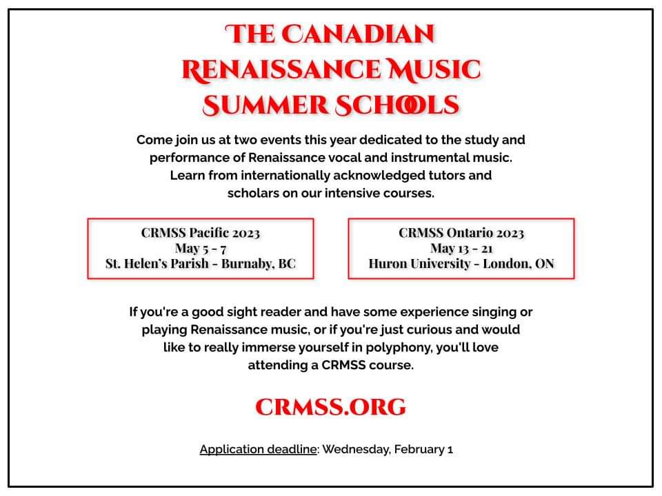 Apply now to attend one of this year's Canadian Renaissance Music Summer Schools.