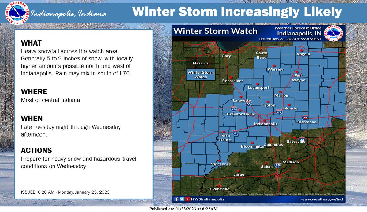 Indiana's Weather Update: 
(Via <a href="/NWSIndianapolis/">NWS Indianapolis</a>.)  A Winter Storm Watch is now in effect from late Tuesday night into Wednesday afternoon. Heavy snowfall is the...
paulpoteet.com/2023/01/23/ind…