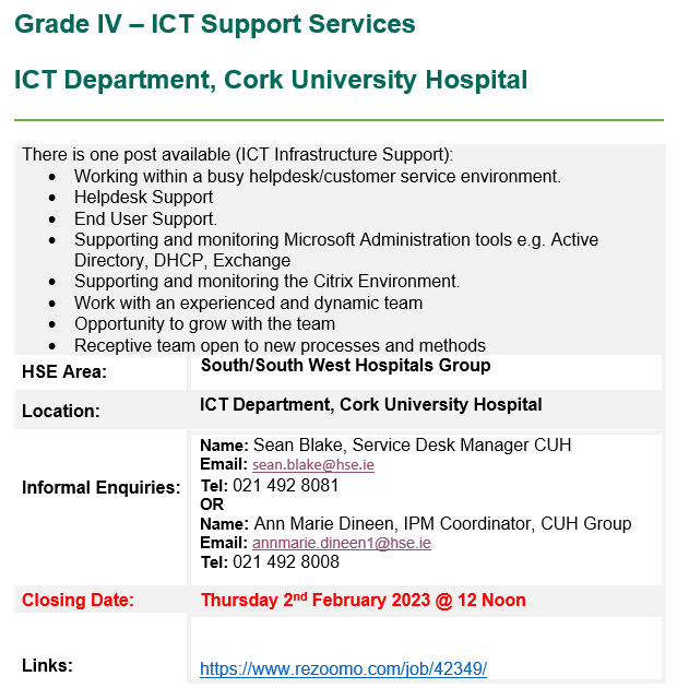 CUH_ICT (@cuhict) on Twitter photo There is an exciting opportunity to become part of the CUH ICT team open to internal and external applicants, For full details check out the link @ rezoomo.com/job/42349/ or click the image here for a brief job description. #Jobfairy <a href="/CUH_Cork/">Cork University Hospitals</a> #digitalhealth #jobseekers #ITJobs There is an exciting opportunity to become part of the CUH ICT team open to internal and external applicants, For full details check out the link @ rezoomo.com/job/42349/ or click the image here for a brief job description. #Jobfairy <a href="/CUH_Cork/">Cork University Hospitals</a> #digitalhealth #jobseekers #ITJobs