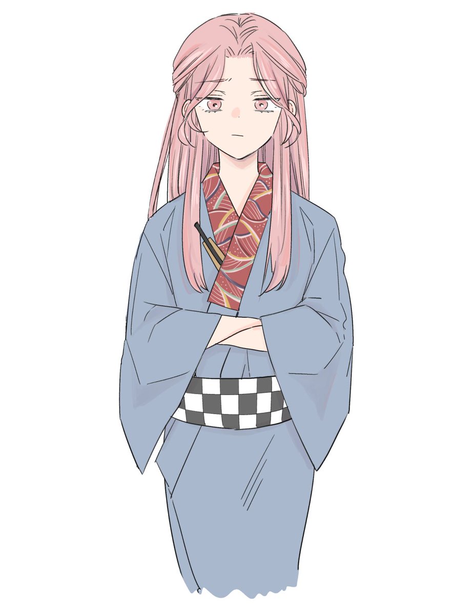 1girl japanese clothes solo pink hair kimono long hair white background  illustration images