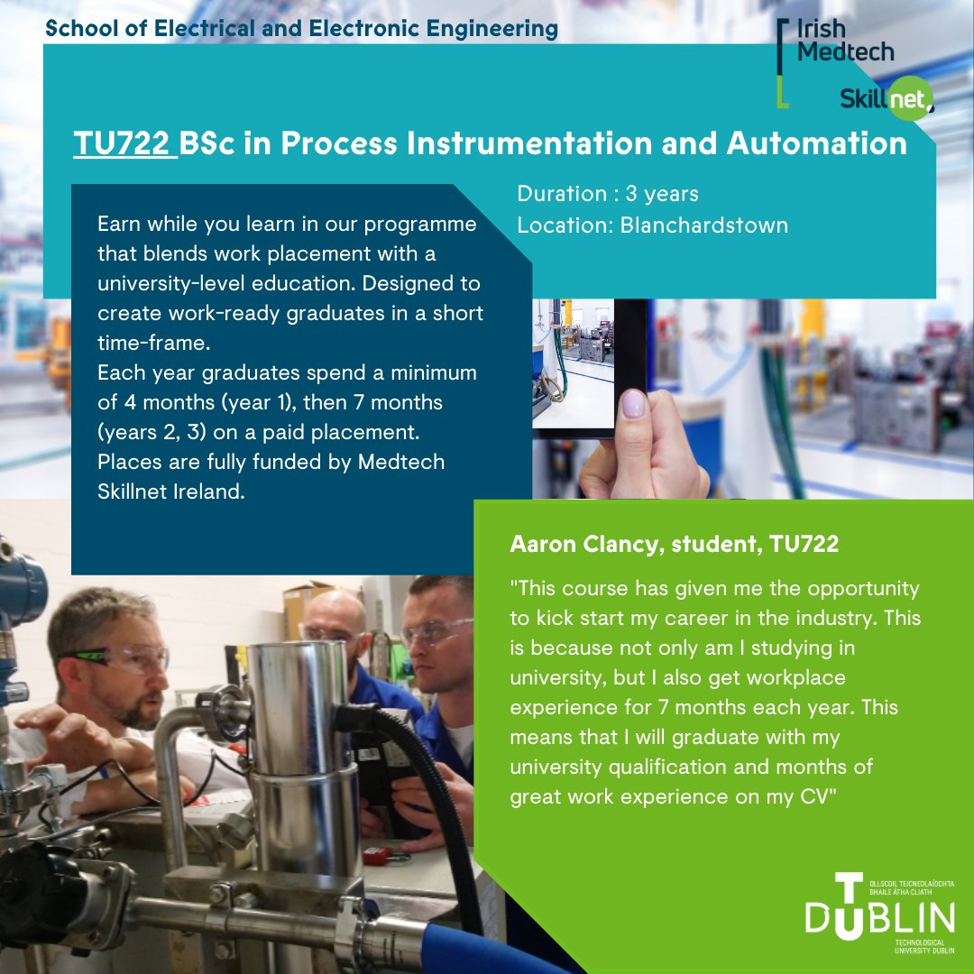 Earn as you learn via #CAO2023 @wearetudublin with TU722, our Process Instrumentation and Automation programme. Paid work placement in every year. Fees fully covered by @MedTechSkillnet. More info at bit.ly/seeeTU722LandW