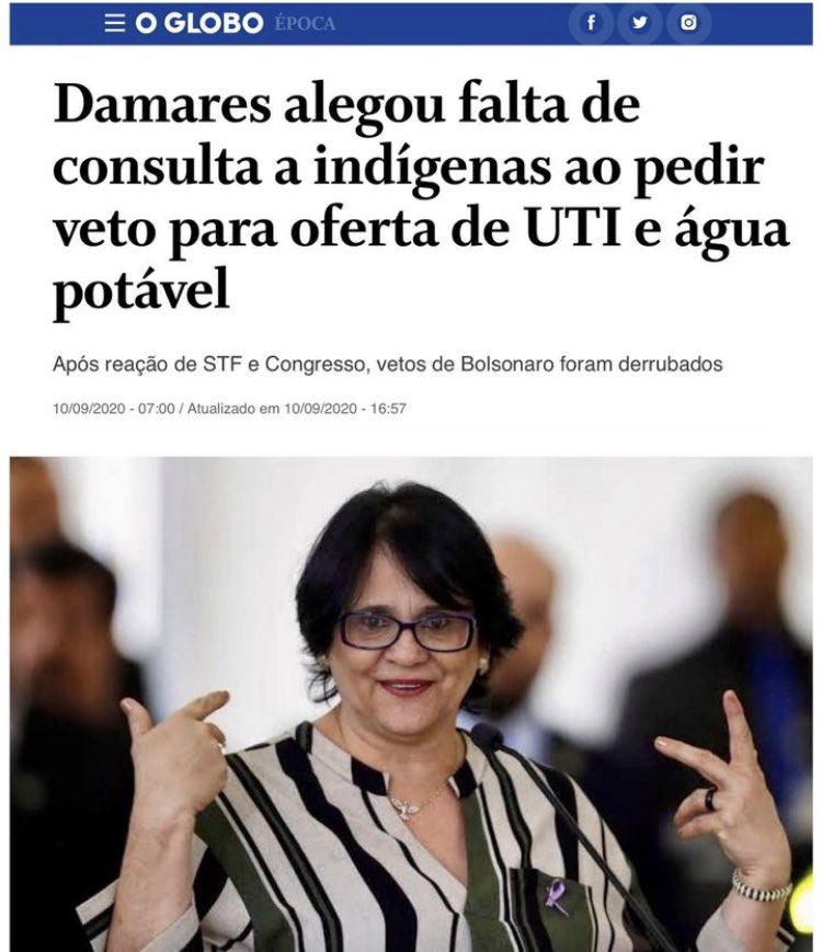 “Nota técnica enviada por Damares a a Bolsonaro pediu que retirasse da lei de proteção aos indígenas a obrigação de União, estados e municípios fornecerem água potável; materiais de limpeza, higiene e desinfecção; leitos de UTI; ventiladores pulmonares; e materiais sobre a Covid”