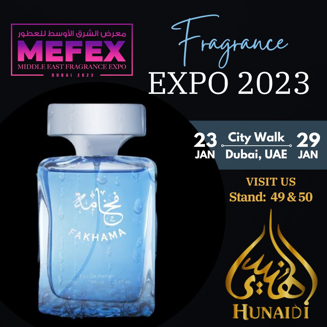 ShkPerfumes's tweet photo. Experience Amazing Fragrances of Al Hunaidi Perfumes.
Visit us at The Middle East Fragrance Expo (MEFEX), one of the largest dedicated exhibitions in the fragrance industry
#MEFEX #alhunaidi #alhunaidiperfumes https://t.co/xIgcVvXxh3