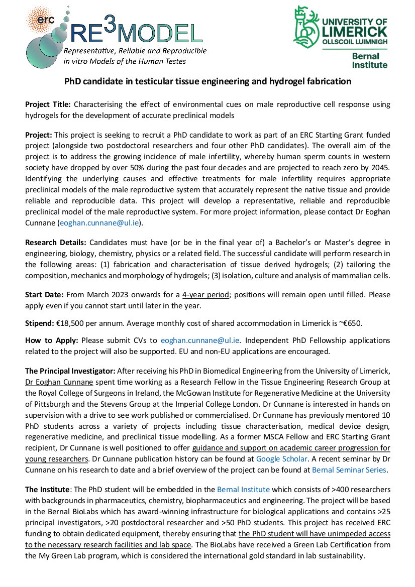 #Hiring for a funded #PhD in the areas of hydrogel chemistry and male infertility on an @ERC_Research project. Candidate will characterise the effect of enviornmental factors on testicular cells. Description: ulcampus-my.sharepoint.com/:f:/g/personal… RTs appreciated! #sciencejobs @BernalNews @UL