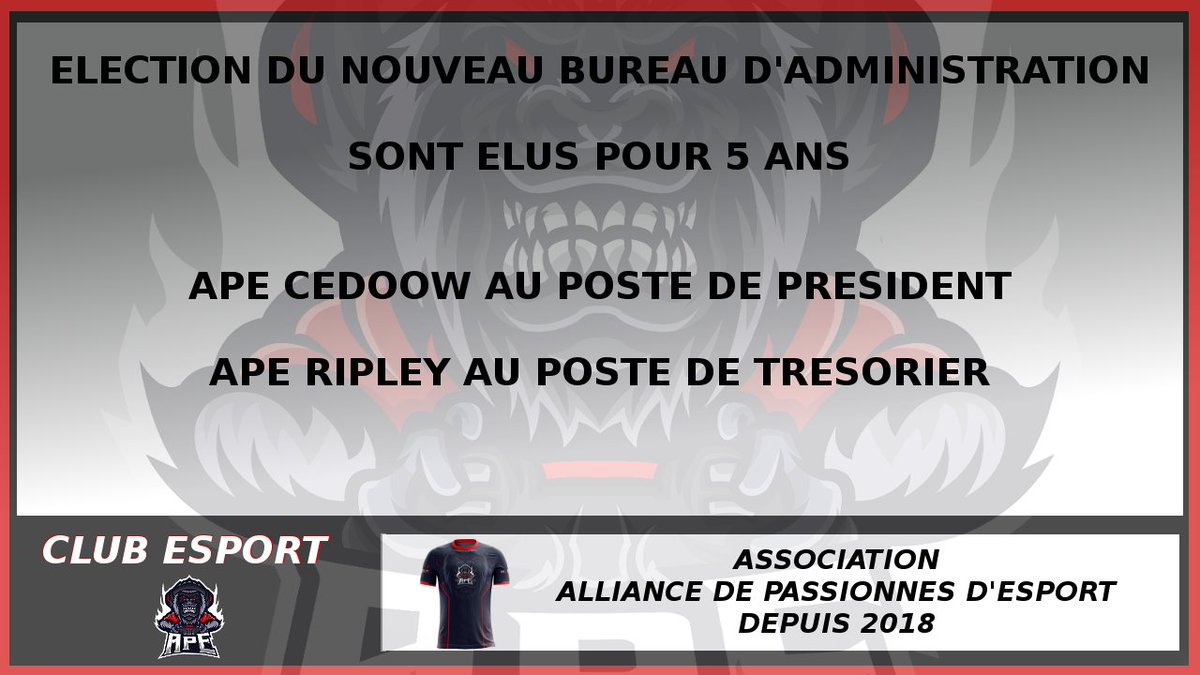 ⚠️Annonce Importante⚠️

📥Le nouveau Bureau APE a été élu pour une durée de 5 Ans 2023&gt;2028

🔥Félicitations au nouveau Président <a href="/cedoow/">A.P.E Cedoow</a> 

🤝Il sera secondé au poste de Trésorier par <a href="/APE_ripley/">APEripley</a>