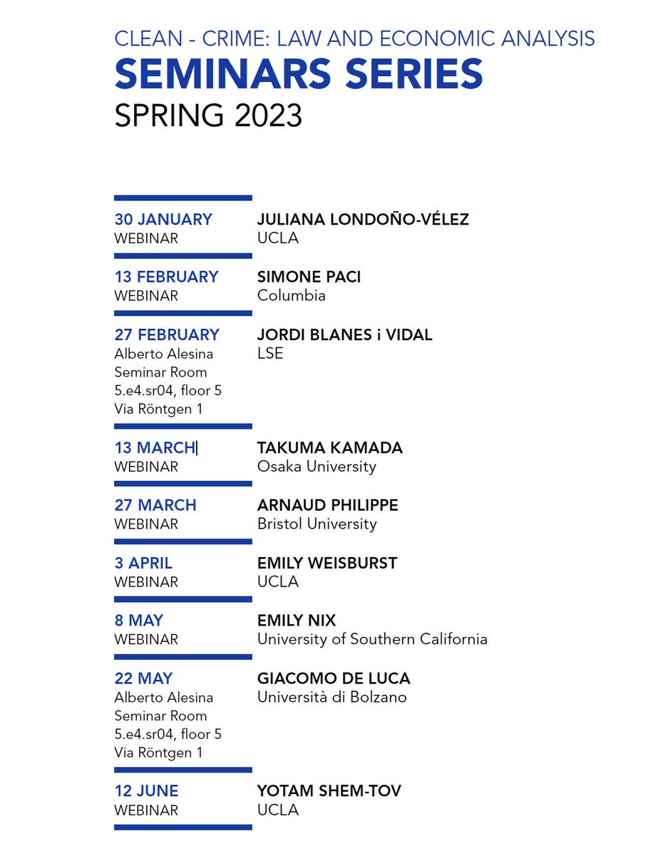Next Monday, we begin CLEAN's (hybrid) seminar series! At 4:30 PM ECT, <a href="/juliana_londono/">Juliana Londoño-Vélez</a> will present her research.

This semester, we will have <a href="/simone_paci/">Simone Paci</a>, Jordi Blanes i Vidal, <a href="/tkmkmd/">Takuma Kamada</a>, @ArnaudPhilipp, @emilyweisburst, <a href="/EmilyNix100/">Emily Nix</a> , Giacomo de Luca, and <a href="/yotamshemtov/">Yotam ShemTov</a>.