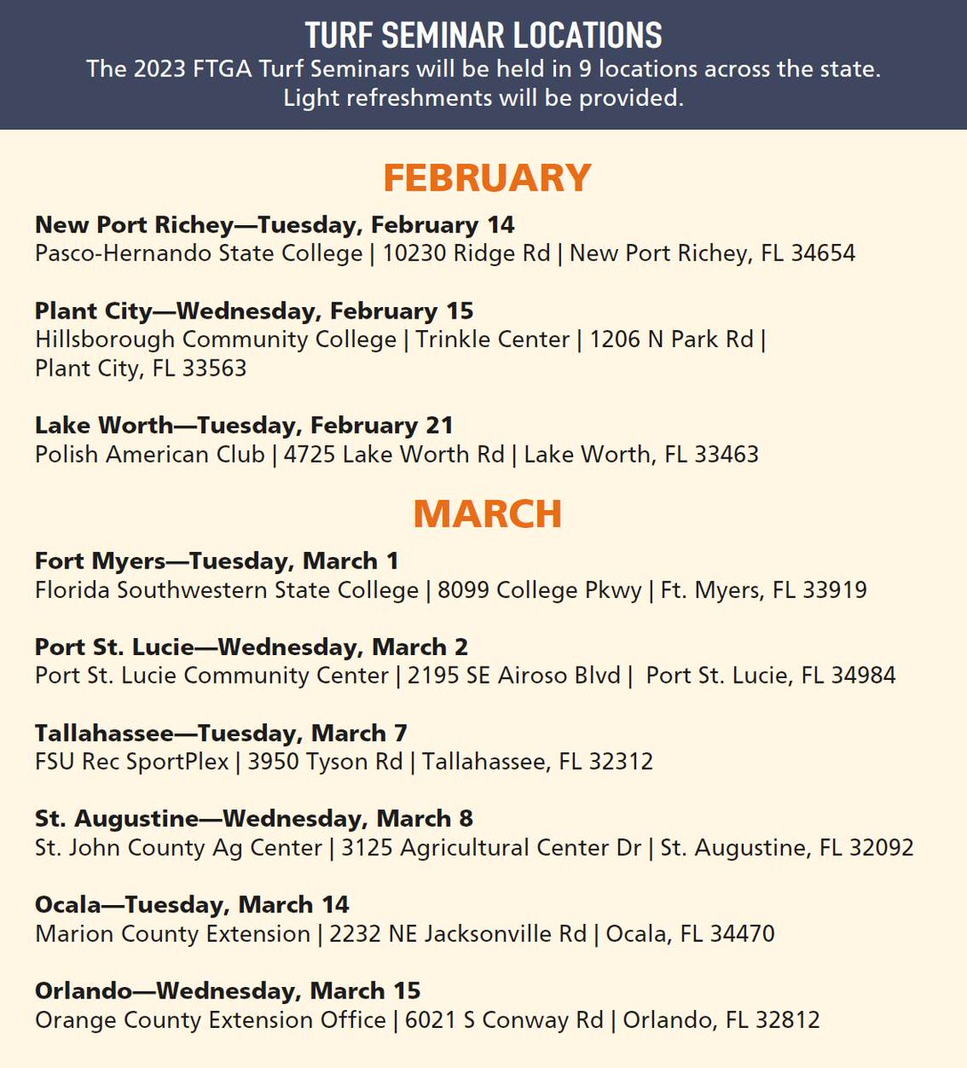 Online registration is open for the 2023 FTGA Turf Seminars. Complete information and registration: ftga.org/page/TurfSemin…