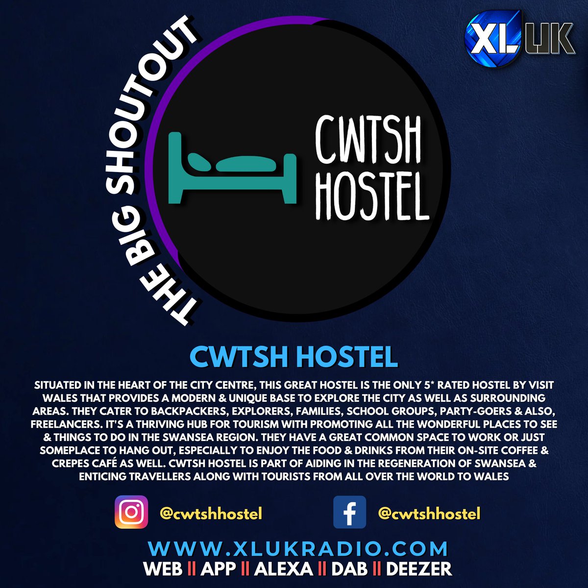 THE BIG SHOUTOUT, the feature that promotes local &amp; independent businesses as well as other important entities &amp; brands by giving positive exposure to them, especially the hardworking people that make them a success. This week it's <a href="/CwtshHostel/">CwtshHostel</a>

Web | App | Alexa | DAB | Deezer
