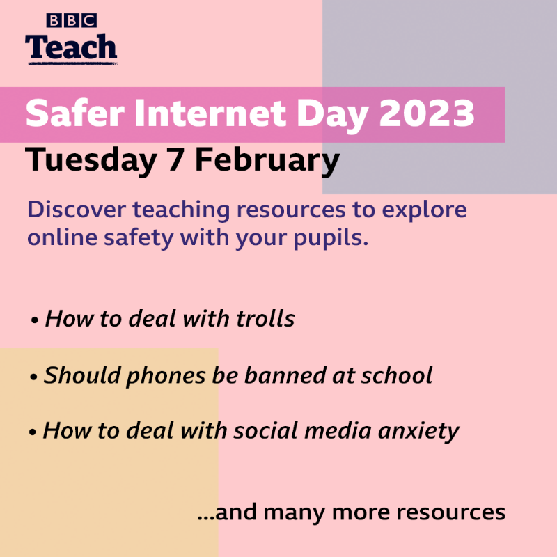 BBC_Teach's tweet photo. We're celebrating Safer Internet Day 2023 on 7 February with a new collection of teaching resources. 

These can be used to explore online safety with both primary and secondary pupils, including a gaming themed Live Lesson for 7–11-year-olds.