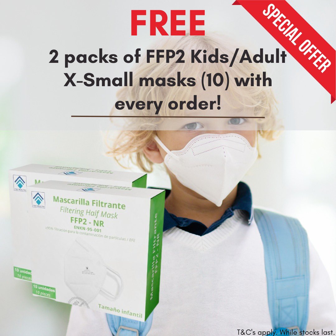 New offer for a limited time only! 2 packs of FREE FFP2 kids (or adult x-small) masks (pack of 10) are added to your cart with every order! 😷
.
.
#masks #ffp2 #covid19ireland #covidireland #coronavirus #staysafe #protectyourself #ffp2kids #kidsffp2mask #xsmallmask #facemask