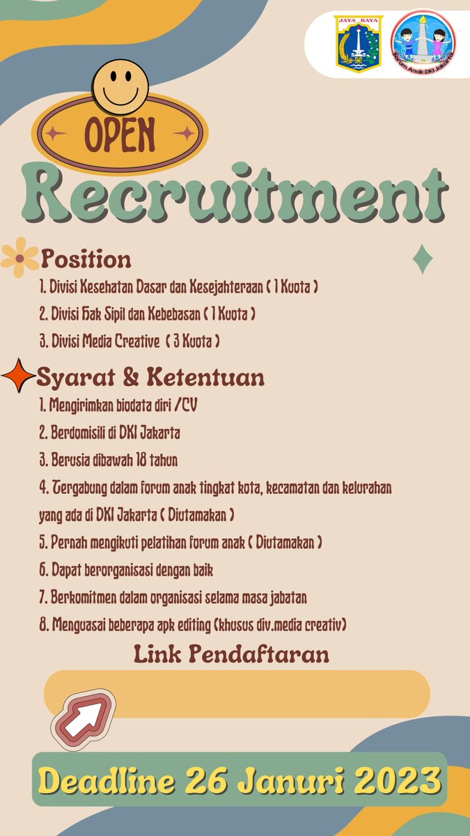 Segera daftarkan dirimu sekarang! 
Klik link di bawah ini :
bit.ly/OpenRecruitmen…

Informasi lebih lanjut silahkan hubungi :
👤 | 085771419390 (Dioni) 
👤 | 085876084254 (Salsa) 

#ForumAnak #FORAJA #Organisasi #Jakarta