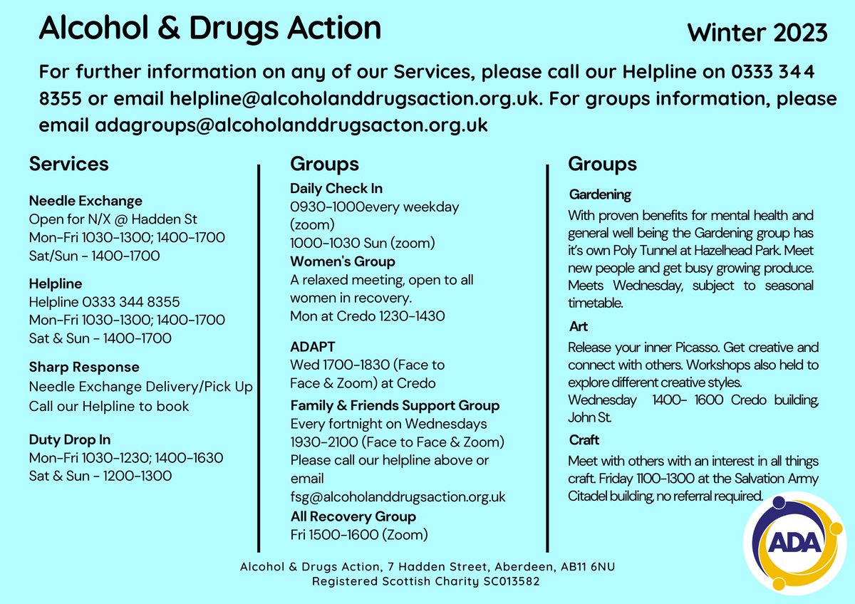 Alcohol&Drugs Action (@alcdrugsaction) on Twitter photo Looking for new groups to go to now 2023 is here? Here's a wee reminder of what Alcohol and Drugs Action offers. We look forward to seeing you! #supportingrecovery #newyear #aberdeengroups <a href="/CEO_ADA/">Chief Executive Alcohol & Drugs Action</a> <a href="/NHSGrampian/">NHS Grampian</a> <a href="/republic_AiR/">Aberdeen in Recovery</a> <a href="/AberdeenADP/">Aberdeen City ADP</a> <a href="/AberdeenCC/">Aberdeen City Council</a> Looking for new groups to go to now 2023 is here? Here's a wee reminder of what Alcohol and Drugs Action offers. We look forward to seeing you! #supportingrecovery #newyear #aberdeengroups <a href="/CEO_ADA/">Chief Executive Alcohol & Drugs Action</a> <a href="/NHSGrampian/">NHS Grampian</a> <a href="/republic_AiR/">Aberdeen in Recovery</a> <a href="/AberdeenADP/">Aberdeen City ADP</a> <a href="/AberdeenCC/">Aberdeen City Council</a>
