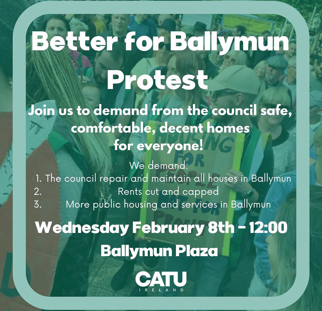 CatuBmunFinglas's tweet photo. After months of gathering hundreds of complaints, sharing them with DCC, and still going without essential repairs &amp; housing, we’re taking our action from the doors to the streets. 🔥

Join us on Wednesday, 8th February at noon at Ballymun Plaza to demand 
#BetterforBallymun! https://t.co/BI5CRCBSZU