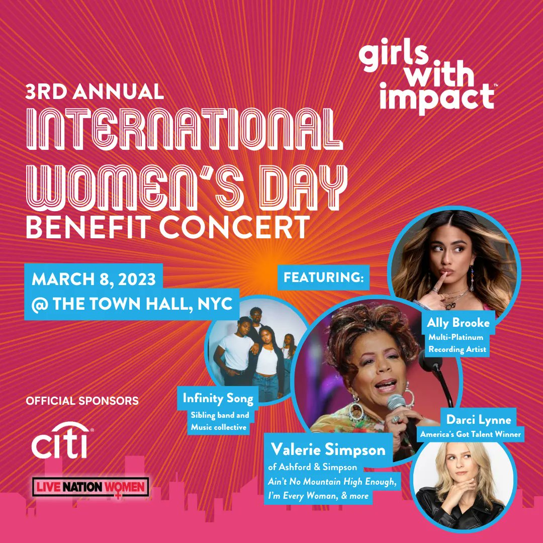 jopenshaw's tweet image. Announcing our 3nd Annual International Women’s Day Benefit Concert presented with @citi, @livenation &amp;amp; @livenationwomen, featuring performances from Valerie Simpson, @AllyBrooke  @DarcyLynne, and Infinity Song.

Tickets on sale now – don’t miss out! 
buff.ly/3J300wl