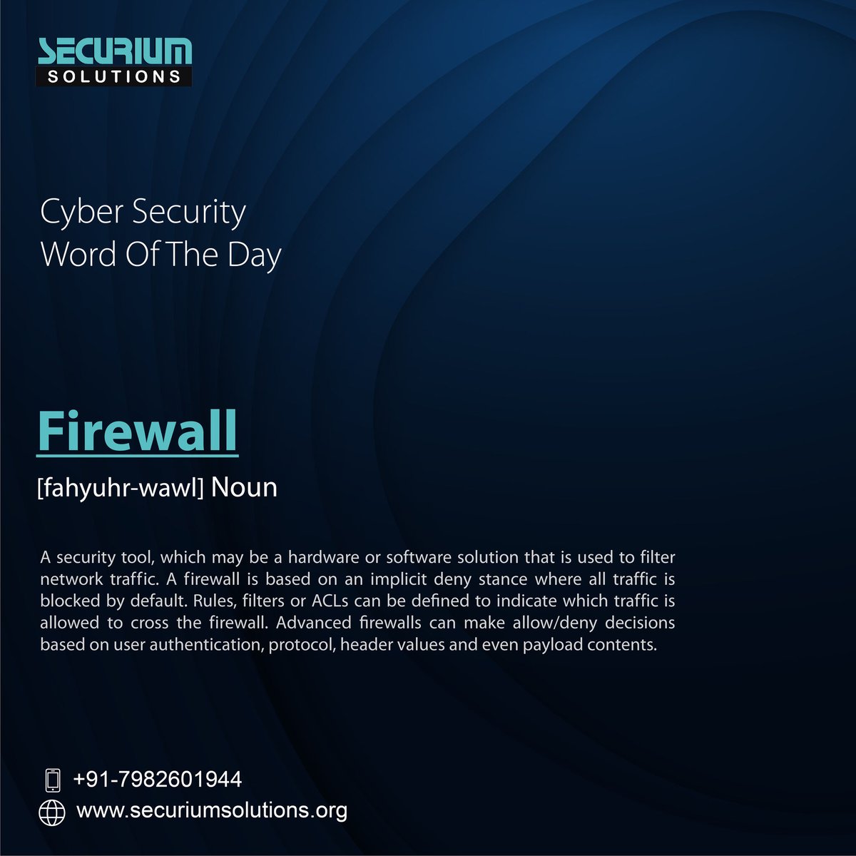 SecuriumC's tweet photo. firewall — A security tool, which may be a hardware or software solution that is used to filter network traffic.

#firewall #cyberword #cybersecurity https://t.co/9D5bpkpNhI