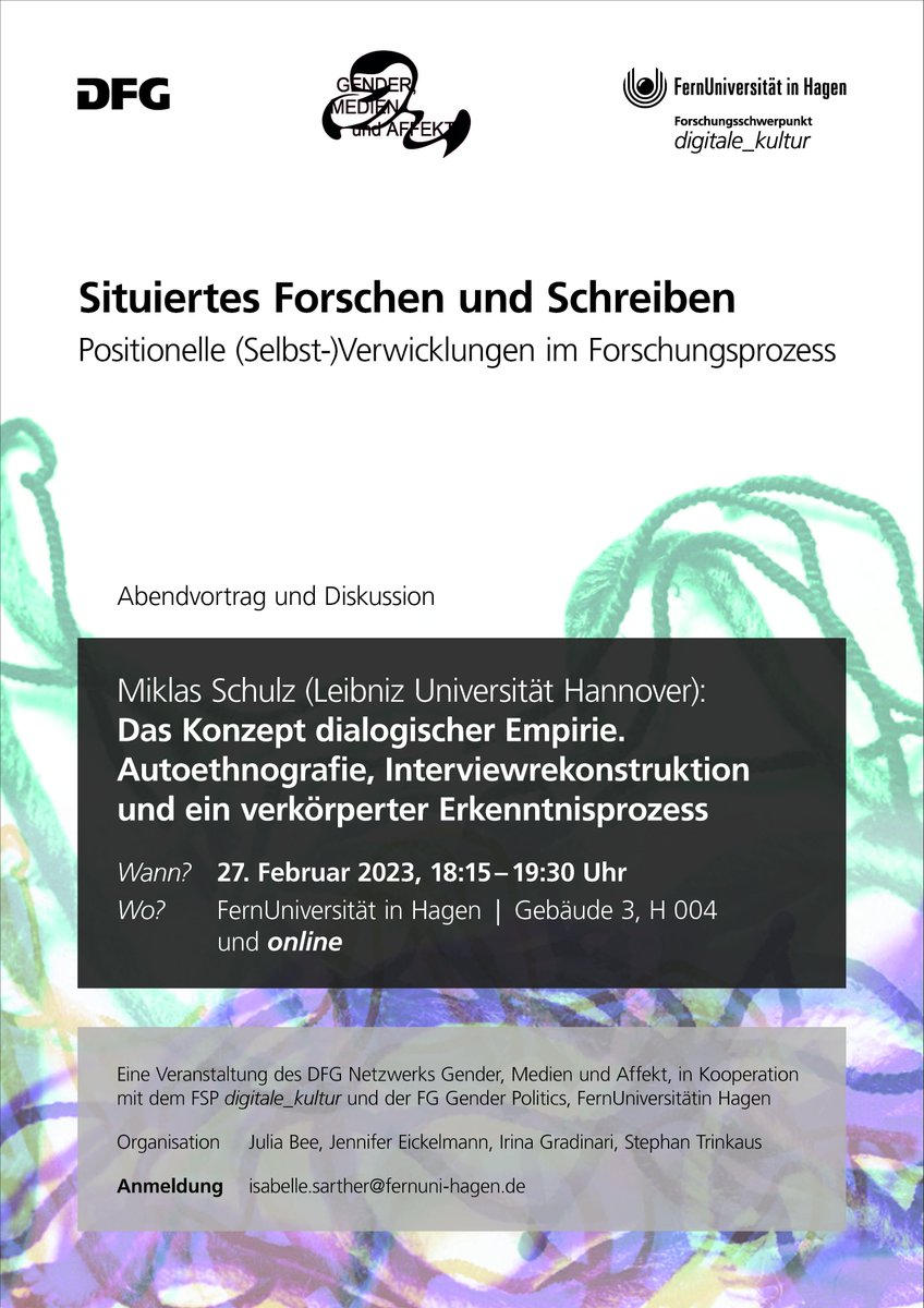 Das DFG-Netzwerk Gender, Medien und Affekt veranstaltet am 27./28.2. seinen 4. Workshop: "Situiertes Forschen und Schreiben. Positionelle (Selbst-)Verwicklungen im Forschungsprozess" <a href="/fernunihagen/">FernUniversität</a>, organisiert von <a href="/IrinaGradinari/">Irina Gradinari</a>, Jennifer Eickelmann, Julia Bee&amp; Stephan Trinkaus
