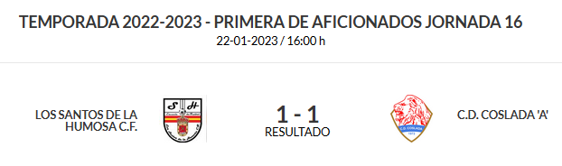 Partido disputado en Sto.Cristo entre <a href="/LosSantosCF2017/">Los Santos CF</a> y <a href="/CD_Coslada/">CD COSLADA ⚽️</a> 
Muy bien plantado el equipo local que no permitió casi nada a los de Coslada.
Al comienzo de la 2ªP Marquez hacía el 1-0.
Medina en el descuento,en el único error Santero puso las tablas
Santos2⃣9⃣
Coslada 2⃣7⃣