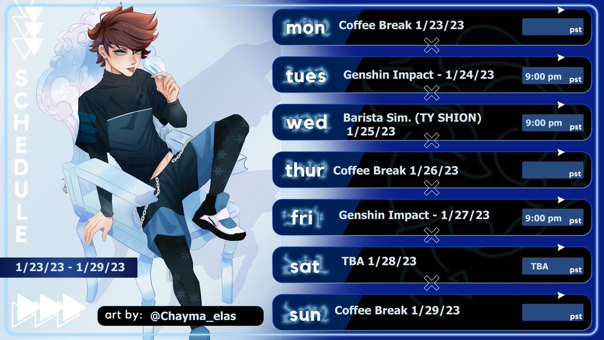 Stream Schedule 1/23/23-1/29/23 
Thank you @shionstreams getting me Barista Simulator! Going to be a making my own Coffee's and hopefully not drop beans 👀
Also Streaming Genshin for the new content out! LETS GO!
#VTuberEN #VTubersAreStillWatching #vtuber
