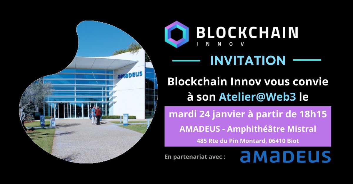 Invitation à l'#AtelierWeb3 @InnovBlockchain le 24 janvier chez @AmadeusNice à Sophia Antipolis 👉 blockchaininnov.com/2023/01/Invita… 

Au programme : #sensibilisation & #acculturation & #témoignages & #présentation de #projets @Web3
 
#BlockchainInnov #Blockchain #Web3 #Tokenisaton