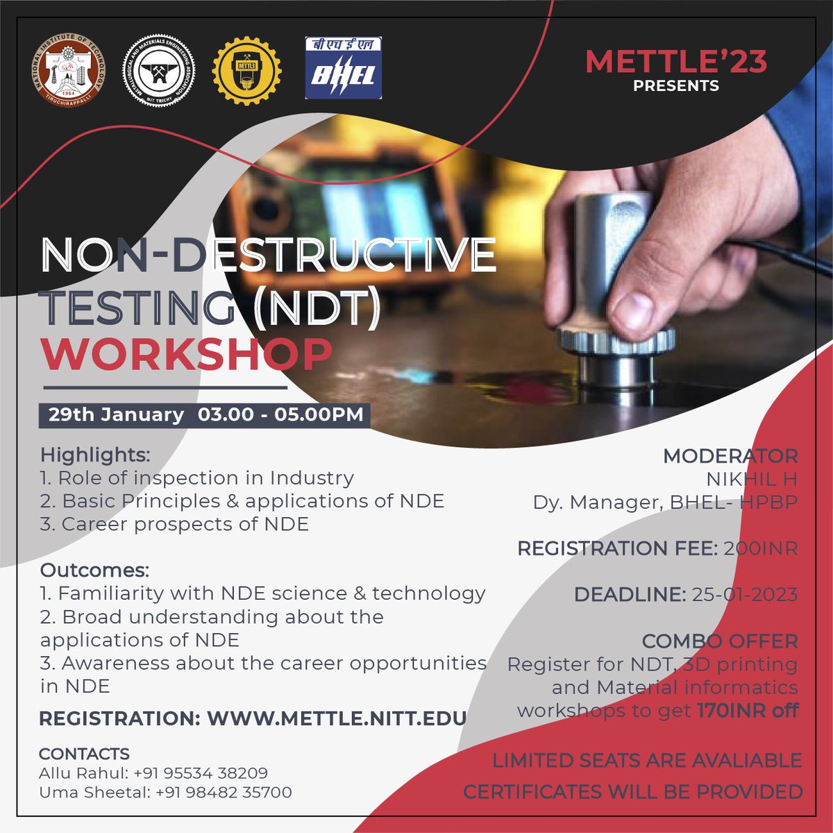 MettleNitt's tweet photo. Non-Destructive Testing is a pivotal component of any manufacturing industry. Proper inspection of components for life-saving applications is crucial.

Mettle'23 is here with our workshop on 'Non-Destructive Testing', to give a glimpse .

Register at: https://t.co/Mfbe73gSX1 https://t.co/E7Qu1Sunb7