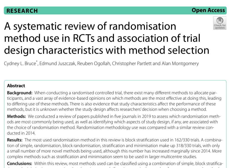 When we talk about #randomisation we often assume this implies a single common method of allocating participants to treatments, yet there are a variety of alternative approaches used in practice. A recent paper reminds us of this. 1/6 #MethodologyMonday bmcmedresmethodol.biomedcentral.com/articles/10.11…