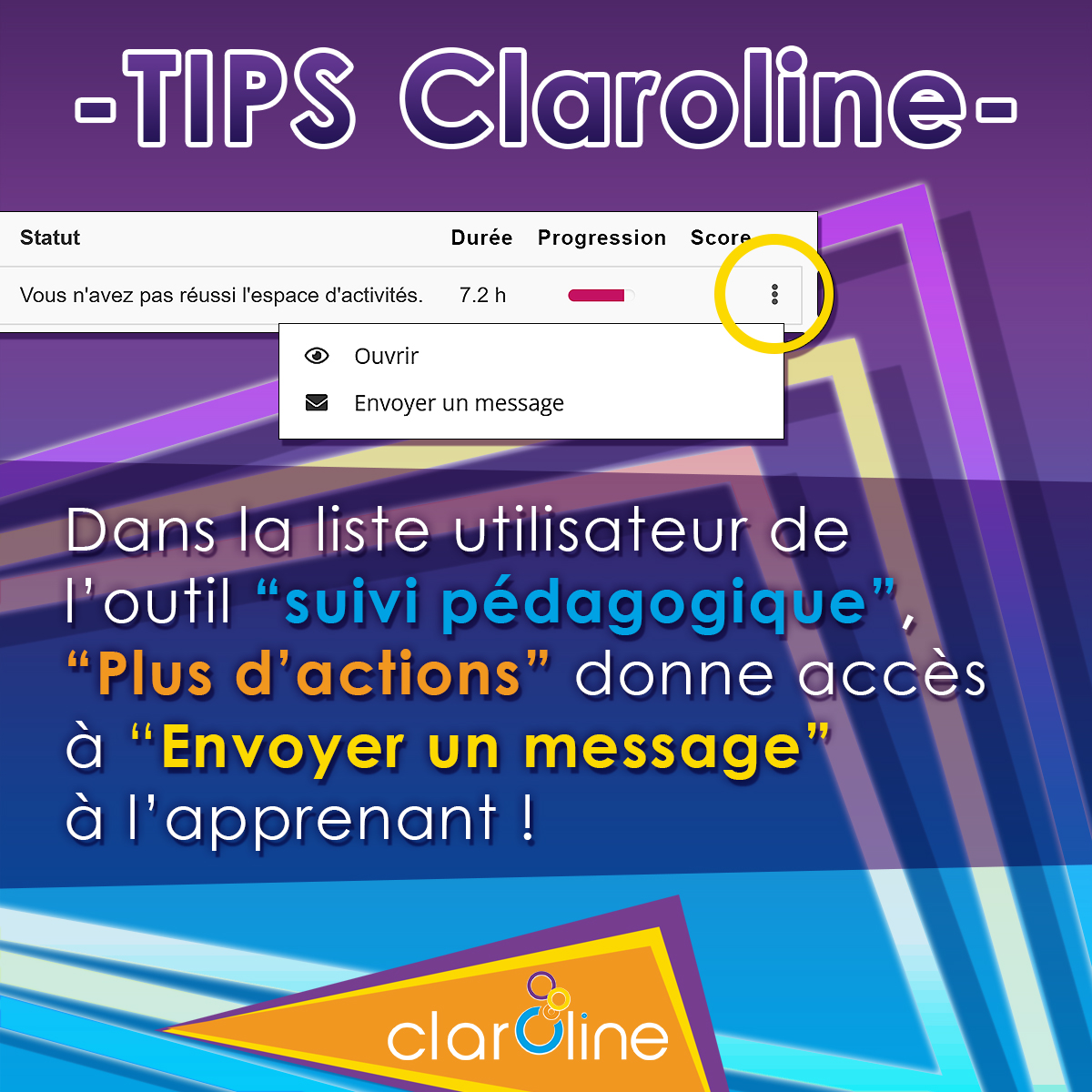 Tips Claroline ! La progression de l'apprenant(e) stagne sur un module de formation? Envoyez-lui un message  direct via Suivi pédagogique pour pour réagir, l'accompagner et le motiver ! V13.7 youtu.be/StfuZL5Iu7o #claroline #lms #lcms #elearning #réaction  #progression #suivi