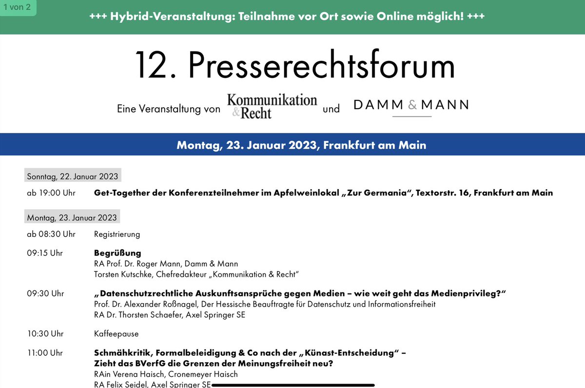 mir_tweets's tweet photo. Die "Tagung mit dem Kreis": Gleich geht´s los beim 12. #Presserechtsforum 2023. Diesmal live im Steigenberger Hotel Frankfurter Hof und für mich -dank DB- dann doch "nur" digital😖 (Aber: Hybrid macht den Switch möglich!)- "Jahres-Tagungs-Auftakt"👌🏻🤗  @dfv_de @TorstenKutschke https://t.co/LvNOGf9XEa