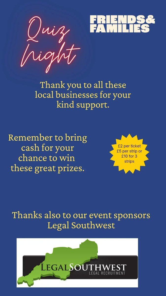 4/4  We want to say a big thanks to all those businesses that have kindly donated prizes to our Quiz Night and to our event sponsor <a href="/LegalSouthwest/">Legal Southwest</a> for supporting this event.

#charity #QuizNight
