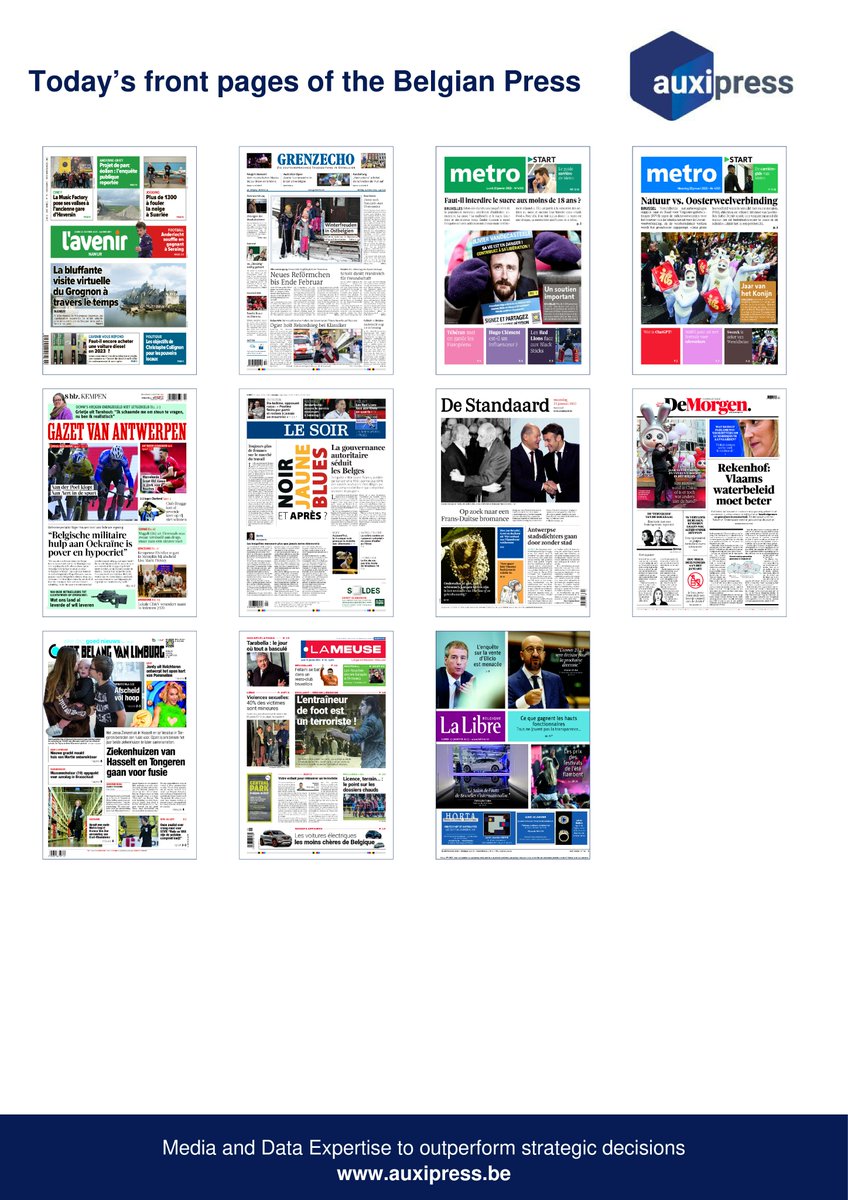 Auxipress's tweet photo. Discover today's front pages of the #BelgianPress 🔔💡👀 #SalonDeLAuto #Festivals #Elicio #CharlesMichel #noirjauneblues #Oekraïne #FreeOlivierVandecasteele #RedLions #Antwerpse Stadsdichters # https://t.co/Bnbv9hplAW