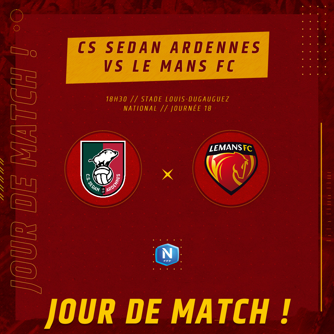 LEMANSFC's tweet image. 𝐉𝐎𝐔𝐑 𝐃𝐄 𝐌𝐀𝐓𝐂𝐇 !

🆚 @_CSSA (8e)
🏆 @NationalFFF (J18)
⌚ 18h30
🏟 Stade Louis-Dugauguez
📺 @CanalplusFoot
#⃣ #CSSALMFC

#AllezLEMANSFC 🔴🟡