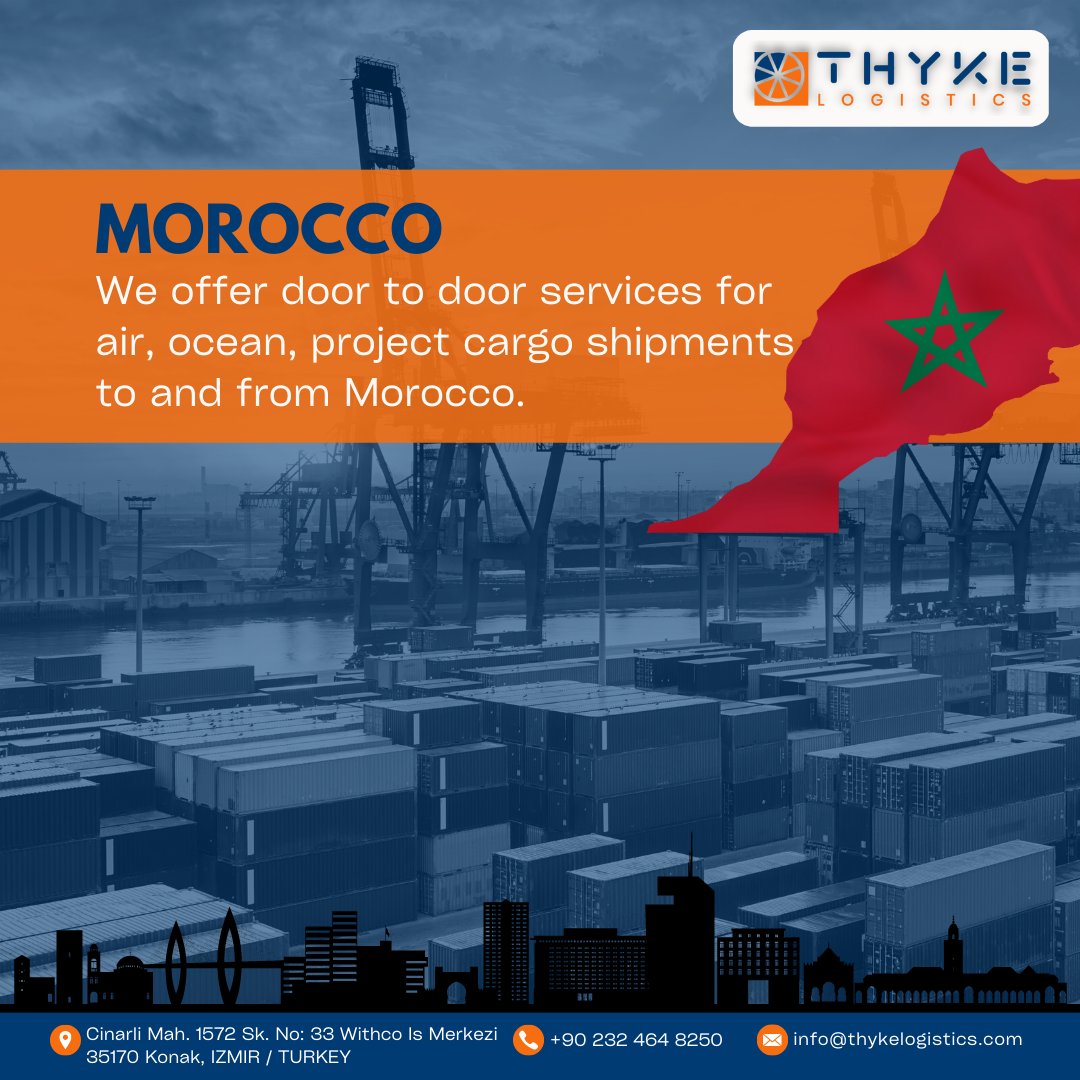 THYKELOGISTICS's tweet photo. We offer door to door services for air, ocean, project cargo shipments to and from Morocco.

#moroccologistics #morocco #projectcargo #forwarding #freightforwarder #freightforwarders #dfalliance #pplnetwork #freightnetwork #latamforwardersclub #logistics #thykelogistics https://t.co/3f9SA6PVQU