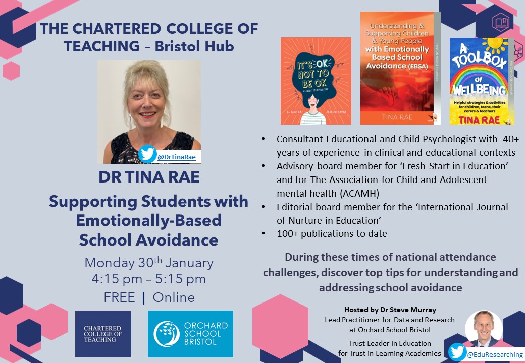 1 week to go - an incredible response so far!

PLEASE RT:
@DrTinaRae - Supporting Students with Emotionally-Based School Avoidance

Monday 30th January - 4:15pm

FREE, online talk and open to all!

Book here: eventbrite.co.uk/e/tina-rae-sup…
