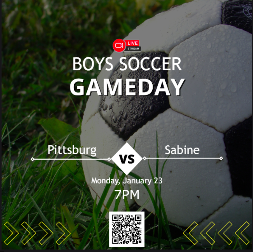 🚨 Varsity Boys Soccer
⚽️ Pittsburg
🆚 Sabine
📅 Monday, Jan 23
⏰ 7pm
📺 Live streaming ballertv.insidethegames.live/hss.php
<a href="/ThePittPirates/">Pittsburg Pirate Athletics</a> <a href="/Pitt_Soccer1/">Pittsburg Pirate Soccer</a> <a href="/officialnick41/">nick Guel</a> <a href="/Drew_Lawton_/">Drew Lawton</a> <a href="/JaylenHolloway_/">Jaylen Holloway</a> <a href="/SabineCardinals/">Sabine Cardinals</a> <a href="/PDMcBride2023/">Payton McBride</a>