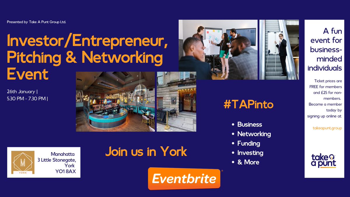 Takeapuntgroup's tweet photo. #TAPinto - #YORK

#Entrepreneur &amp; #Investor #Pitching/#Networking #Event

@ManahattaUK
🎟 Book your place now https://t.co/beM75kEWel 

Tickets are FREE if you are a member of TAP 

Join now via https://t.co/MweSShTTsA

#takeapunt #TAPinto  #business #Funding https://t.co/KtKf8MzxUl