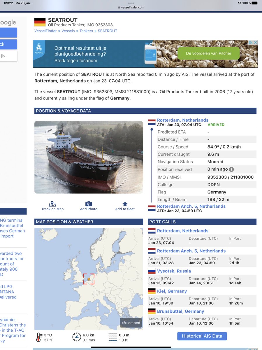 Vanochtend is in Rotterdam aangekomen de tanker “Seatrout” met 40.000.000 liter olieproducten uit Rusland.