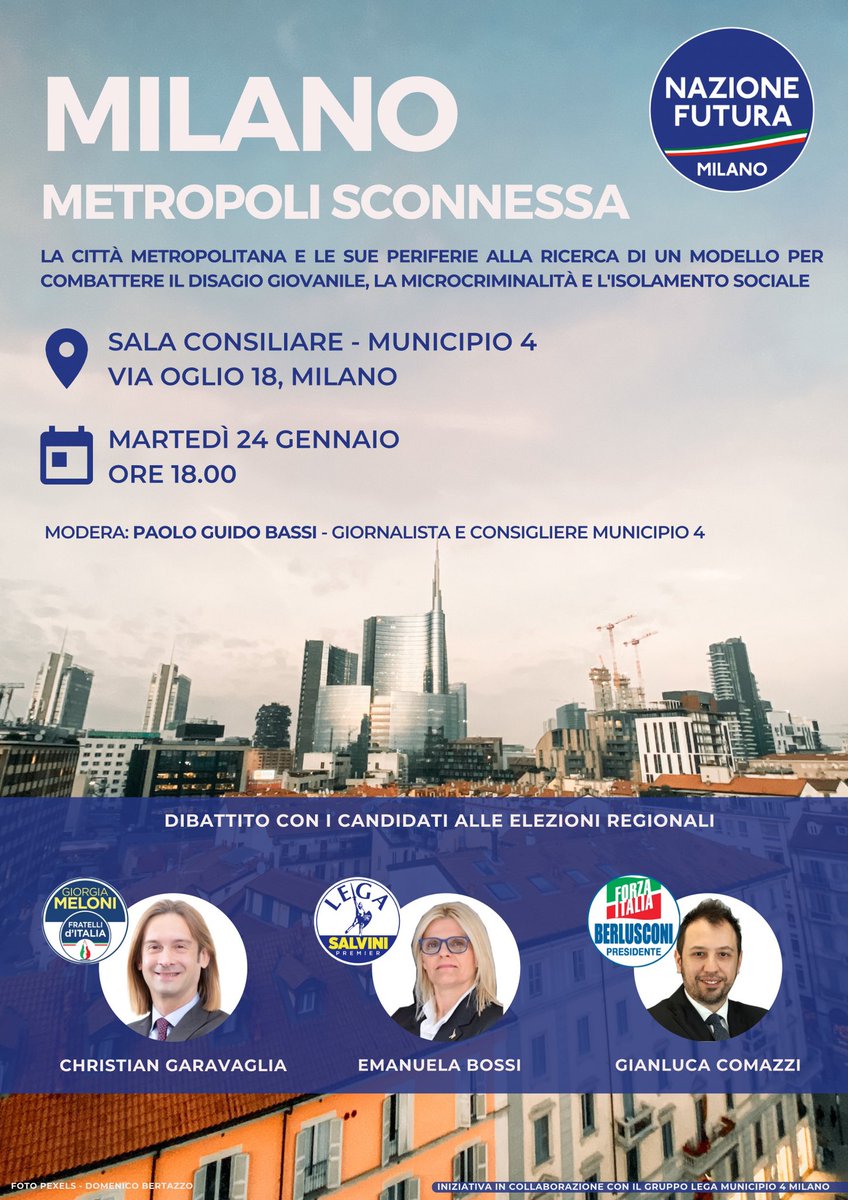 Vi aspettiamo domani alle 18.00 presso il Municipio 4 di Milano per un dibattito sul presente e sul futuro della Città Metropolitana. <a href="/TheWolf_Lupo/">Andrea Boiocchi</a> <a href="/alpe74/">Alberto Pettinelli</a> <a href="/DavideGABRIELE4/">Davide GABRIELE</a> <a href="/nazione_futura/">Nazione Futura Rivista</a> #RegionaliLombardia