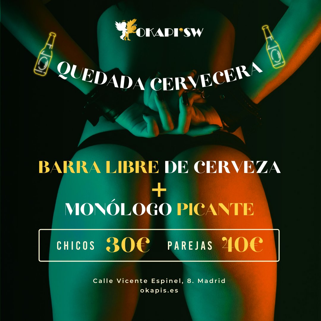 OkapisBar's tweet photo. Este Jueves 26, te proponemos el mejor plan 🔥🔥🔥
Vente a Okapi'Sw a nuestra quedada cervecera 🍻

De 18:00h a a 1:00h barra libre de cerveza.
A las 22:00h monólogo picante, con @eljerrymercurio.

¡Ven a disfrutar a Okapi'Sw!

#swingermadrid #clubswinger #cerveza https://t.co/ntXDtx7oN0